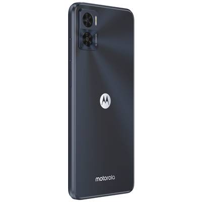 Dark blue smartphone viewed from the side, showing two camera lenses and the Motorola logo.