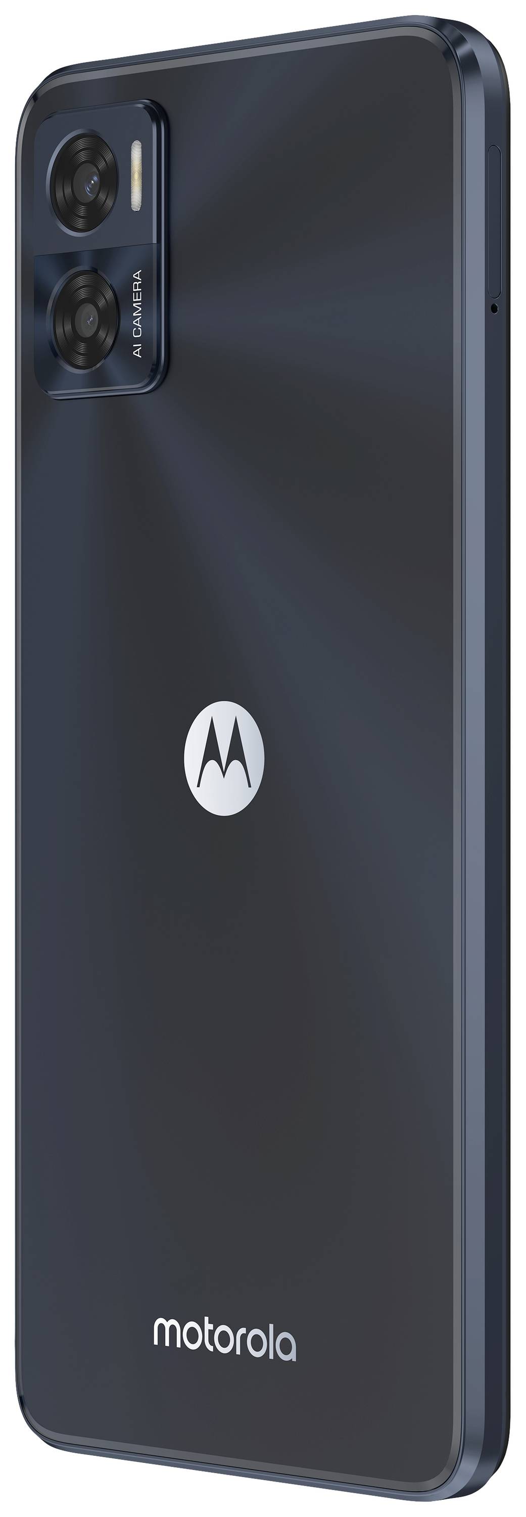 A modern Motorola smartphone in navy blue, with two camera lenses on the back and the Motorola logo in the centre.