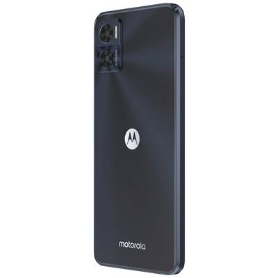 A modern Motorola smartphone in navy blue, with two camera lenses on the back and the Motorola logo in the centre.
