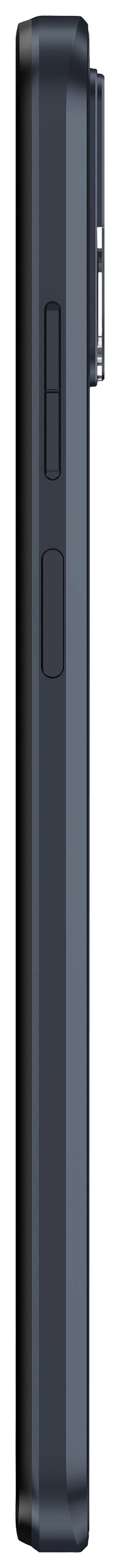 Side view of a dark grey smartphone, showing its slim thickness and the position of the volume buttons on the side.