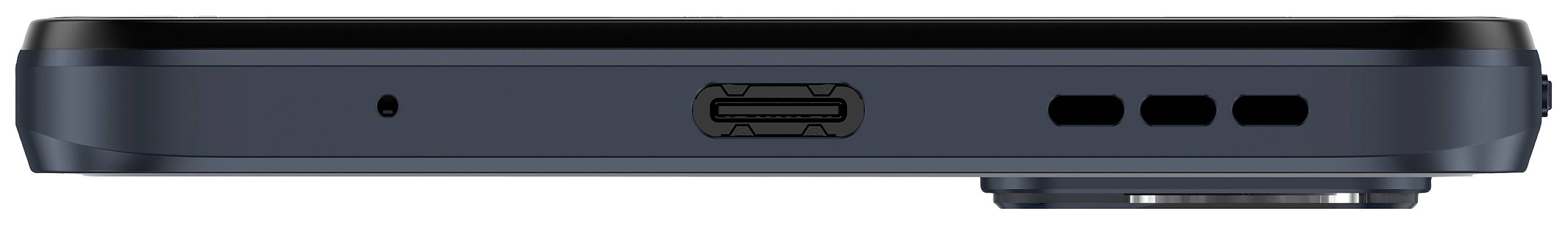 A smartphone viewed from below, showing a charging port in the centre and speaker grilles to the right-hand side.