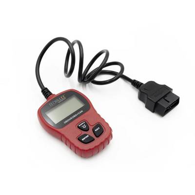 A red OBD2 scanner device with a screen and three buttons. It has a black cable that plugs into the vehicle's diagnostic port.