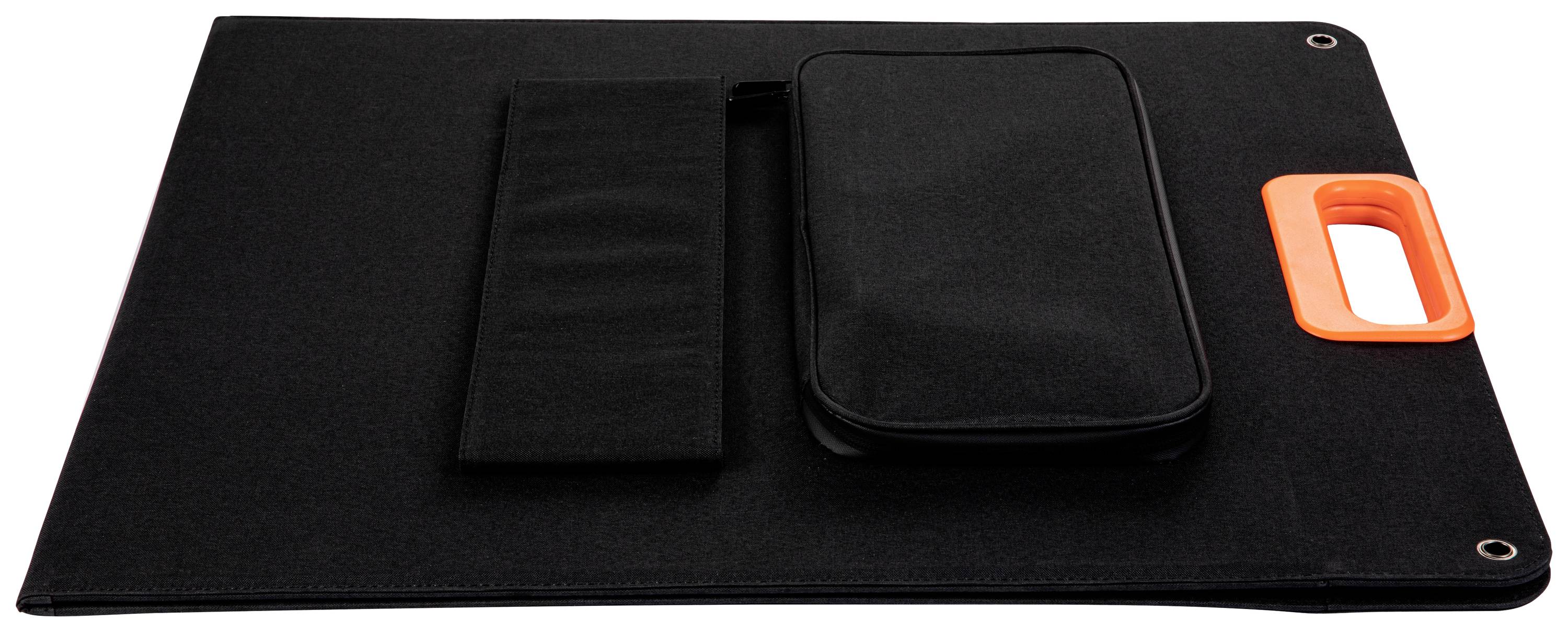 A black, portable drawing folder with an orange grip opening, containing a removable case and an elastic band.