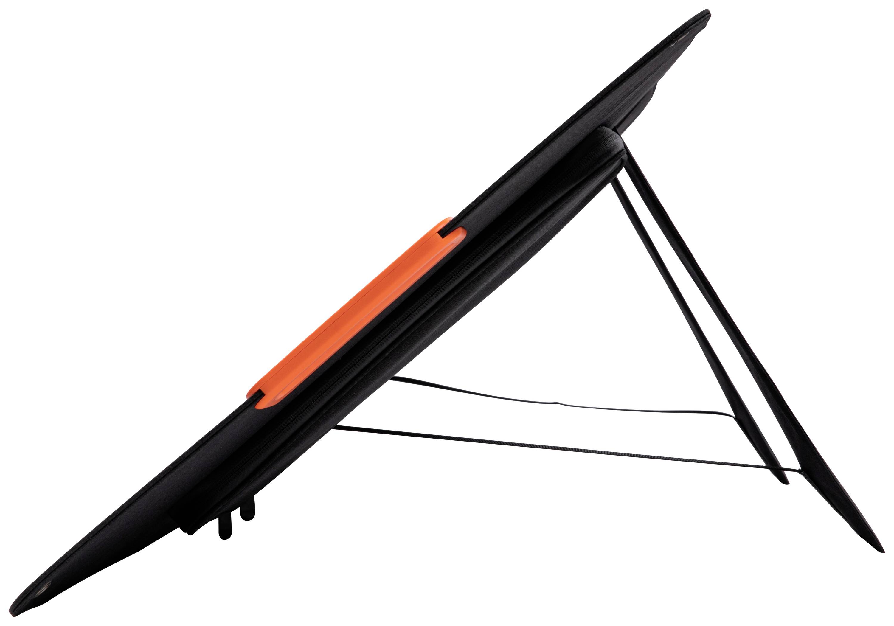 A tablet mounted on a supporting stand, viewed from the side.