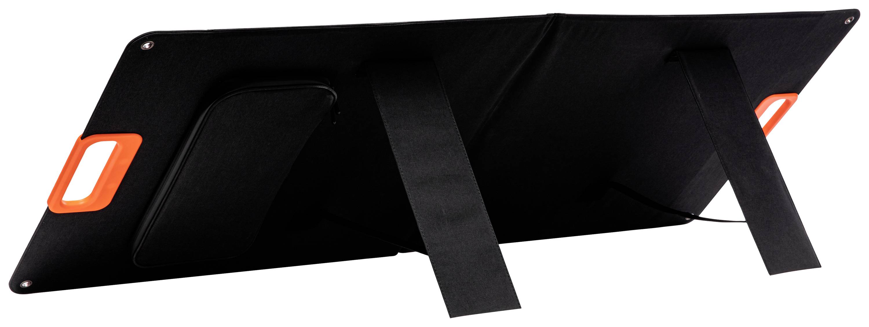 A foldable, black portable solar charger controller with an orange handle and two support feet for stability.