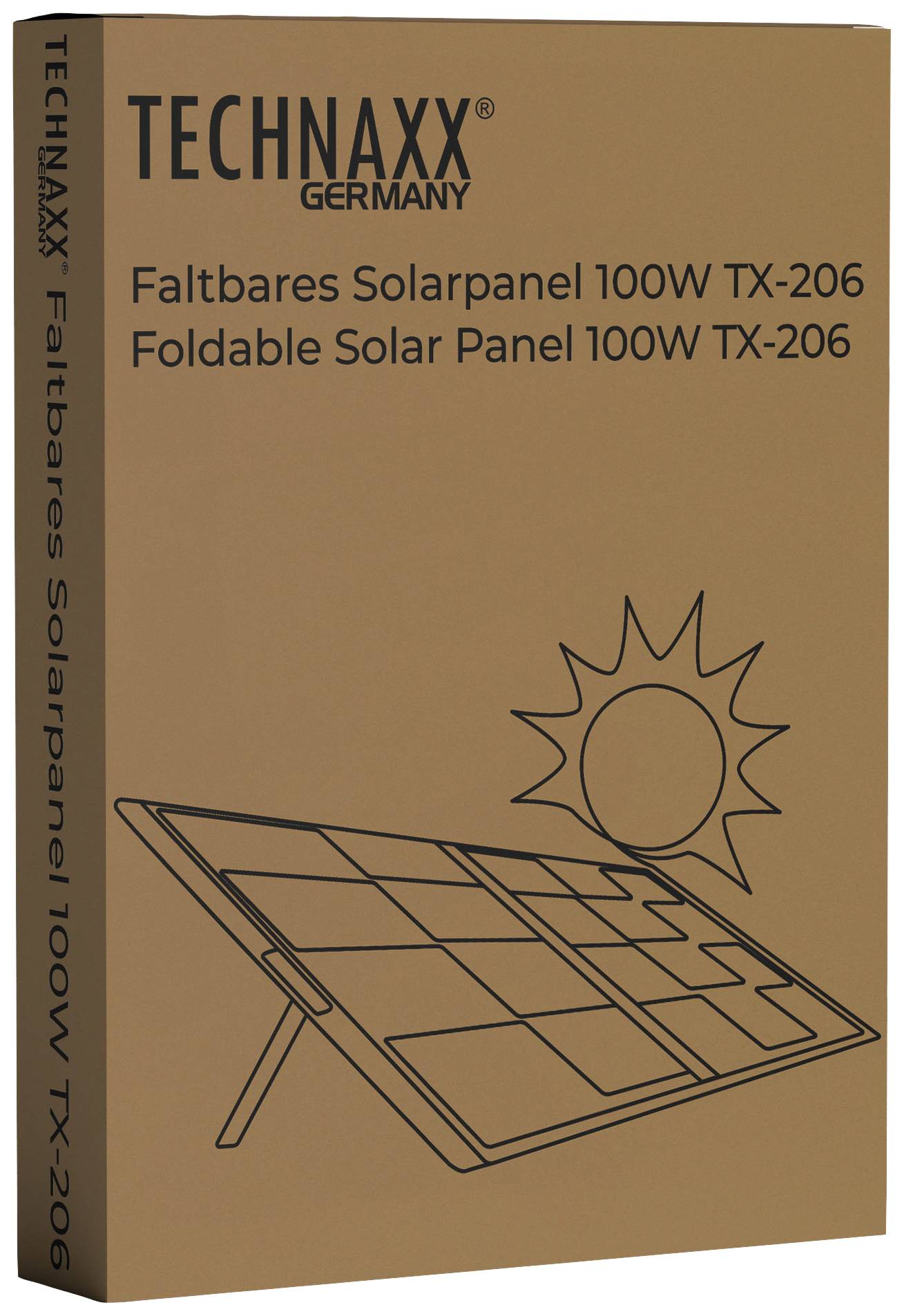 Packaging for a foldable solar panel TECHNAXX 100W TX-206 with an image of an erected panel and a sun in the background.