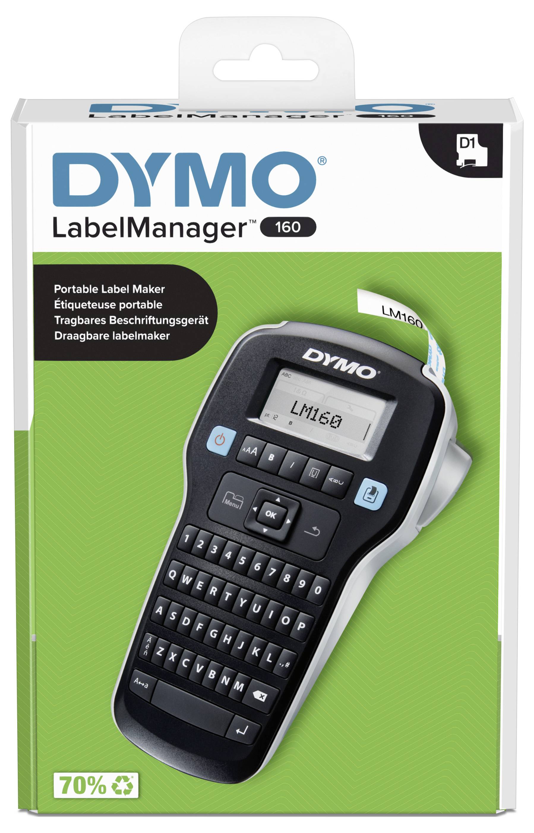 'DYMO LabelManager 160', a portable labelling device pictured on a green background. Packaging shows the device with a digital display and keyboard.