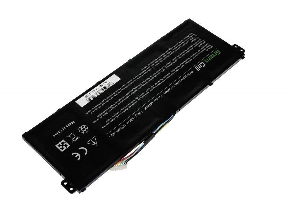 Laptop battery with a black casing, model number and product information visible, cable with multi-coloured wires at the side.