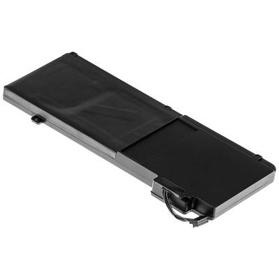 A rectangular laptop battery with a black casing and connected cables.