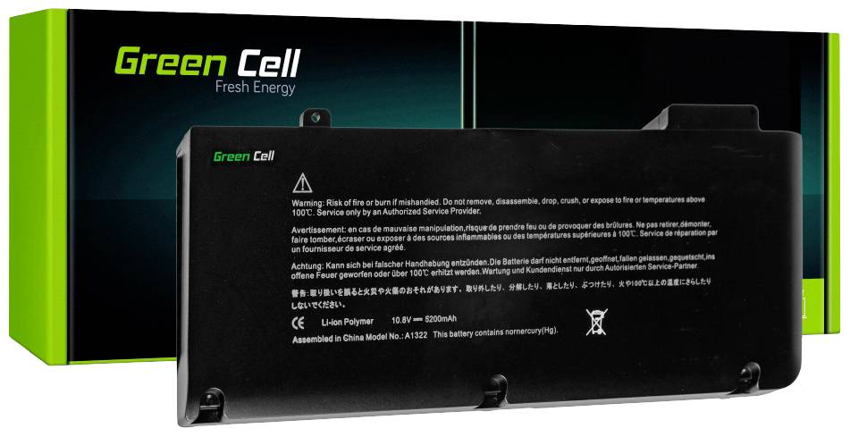 A black lithium-polymer battery with warning notices in multiple languages. Packaging in the background with green 'Green Cell' logo.