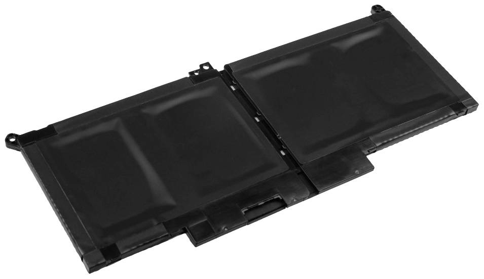 A black laptop battery with two connected rectangular cells, lying flat on a white surface.