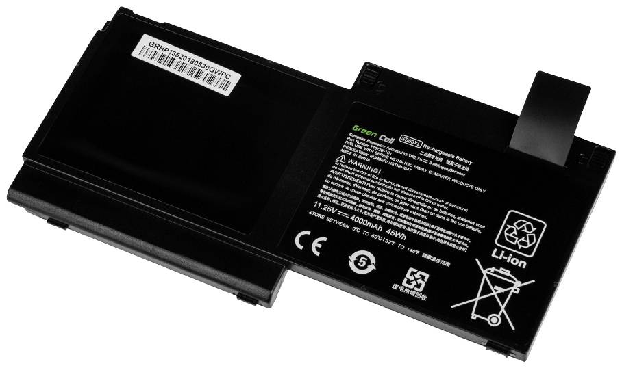 Lithium-ion battery with manufacturer label, recycling symbols, and warning notices, suitable for electronic devices.