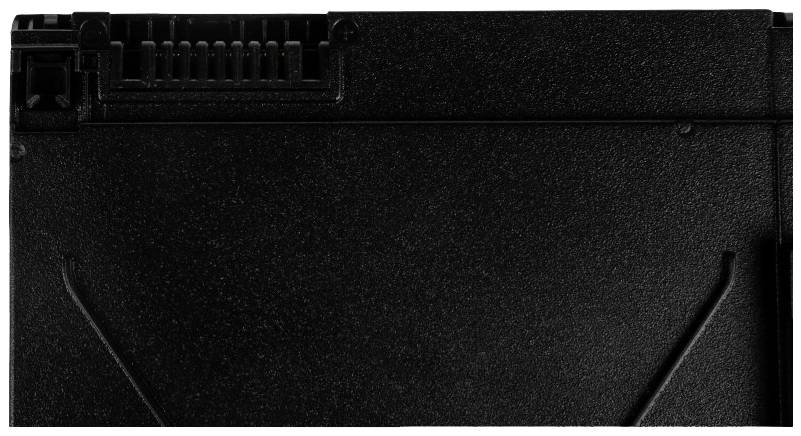 A black battery with a connection point on the top left. The surface is smooth and shows a slight texture.