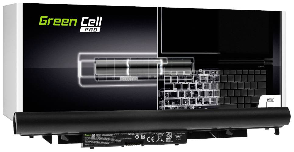 A Green Cell PRO laptop battery, depicted alongside a computer graphic illustrating the battery position and capacity.