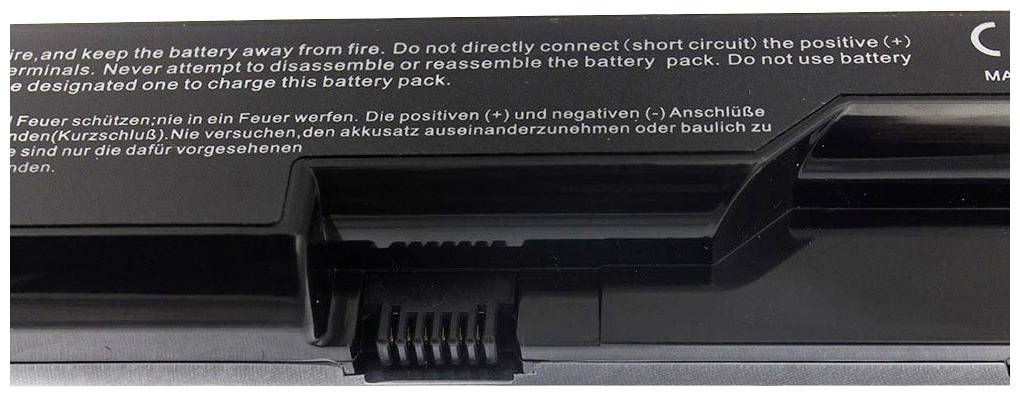 Black laptop battery with warning notices: 'Do not disassemble or short-circuit the battery. Avoid fire. Use only the specified charger.'