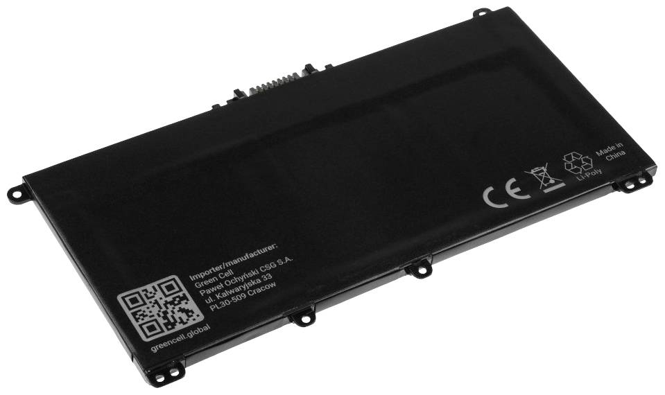 'Black battery with CE certification and recycling symbol. Manufactured in China. QR code and manufacturer information are visible.'