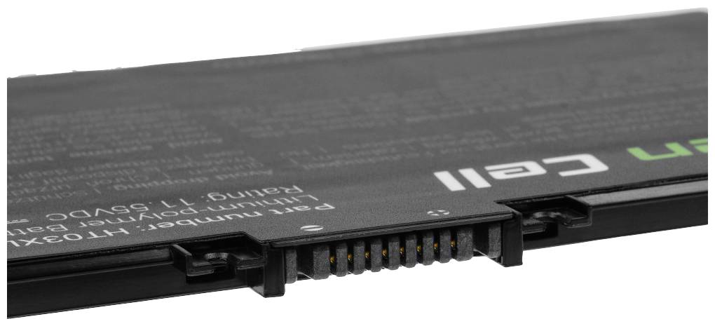 A lithium-polymer battery with connection contacts, positioned sideways, with partially obscured labelling and technical data visible.
