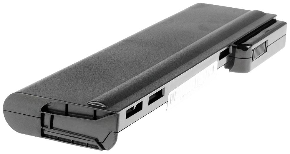Laptop battery with a rectangular shape and black casing. Contacts and ventilation slots are visible.