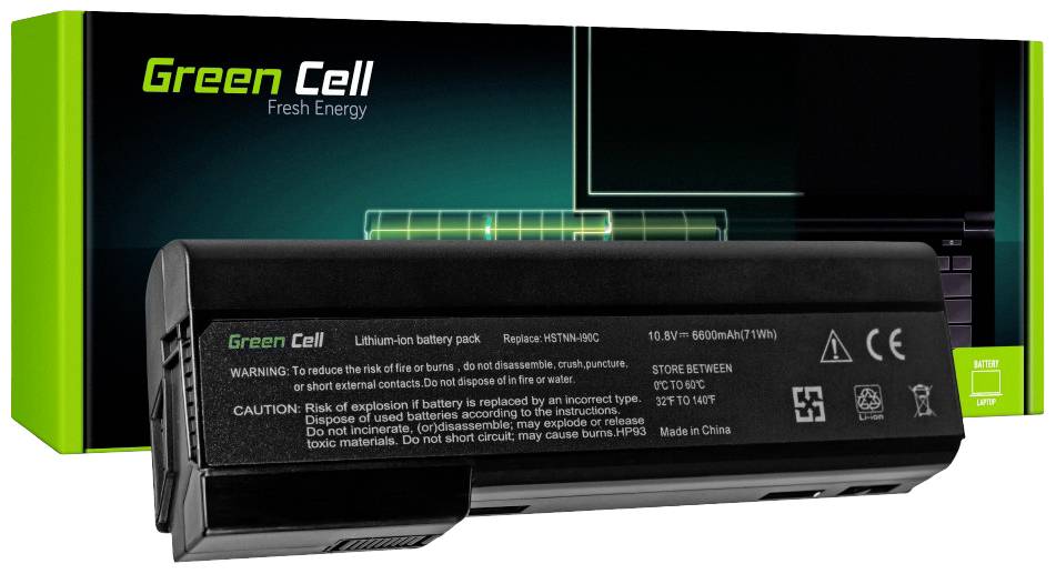 A Green Cell Lithium-ion Battery with warning labels and technical specifications, presented in front of a matching product packaging.