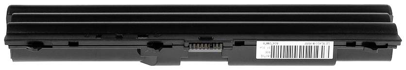 Black laptop battery with barcode and contact terminals, used for device replacement and power supply.