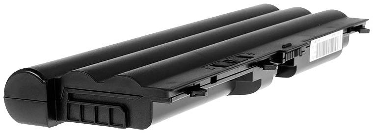 Black laptop battery with multiple cells, rectangular in shape, and with a barcode label on the side.