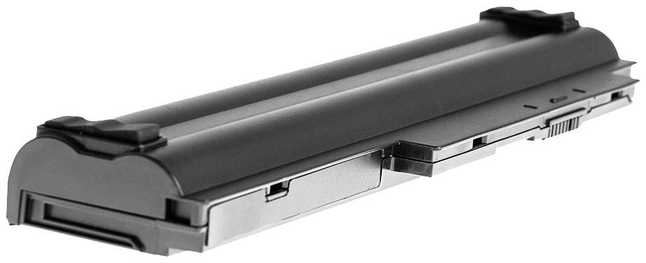 Black laptop battery in an elongated shape, with two protruding clips at the ends, on a white background.