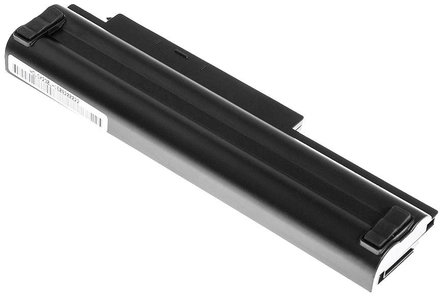 Black laptop battery in rectangular shape, side view. Suitable for portable computers and replaceable.