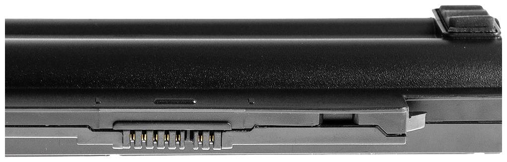 Black laptop battery, view of the underside with visible contacts in the centre.