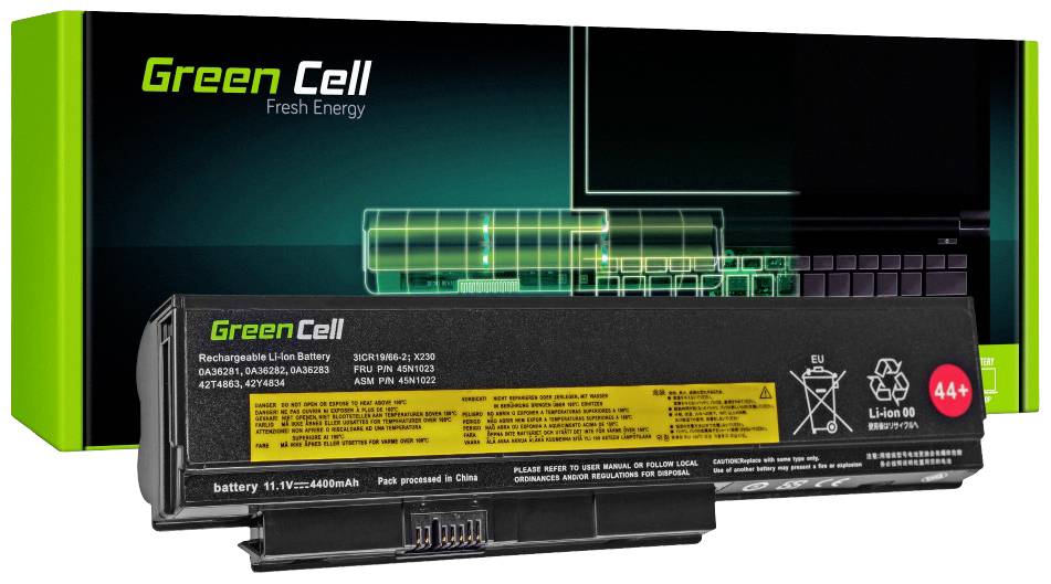 'Green Cell' Laptop Battery, rechargeable, Li-Ion, model numbers and compatibility on label. Packaging in the background.