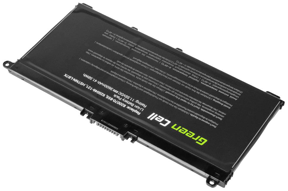 Laptop battery with a black casing and 'Green Cell' logo in green lettering, technical specifications in white on the surface.