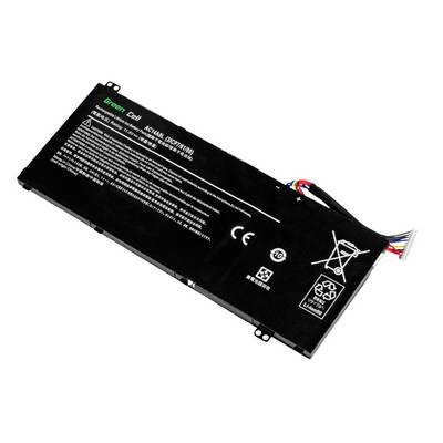 Black laptop battery with writing and symbols. Cable with plug protruding. Battery instructions and recycling symbols visible.