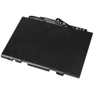 A rectangular, slim laptop battery in black, with connection pins on the side and technical information printed on its surface.