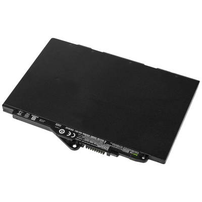 Black laptop battery with specifications printed on it. Flat, rectangular shape, multiple connection contacts on one side.