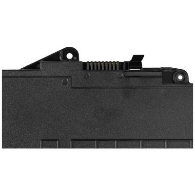 A black laptop battery with connection contacts at the top in a rectangular casing.
