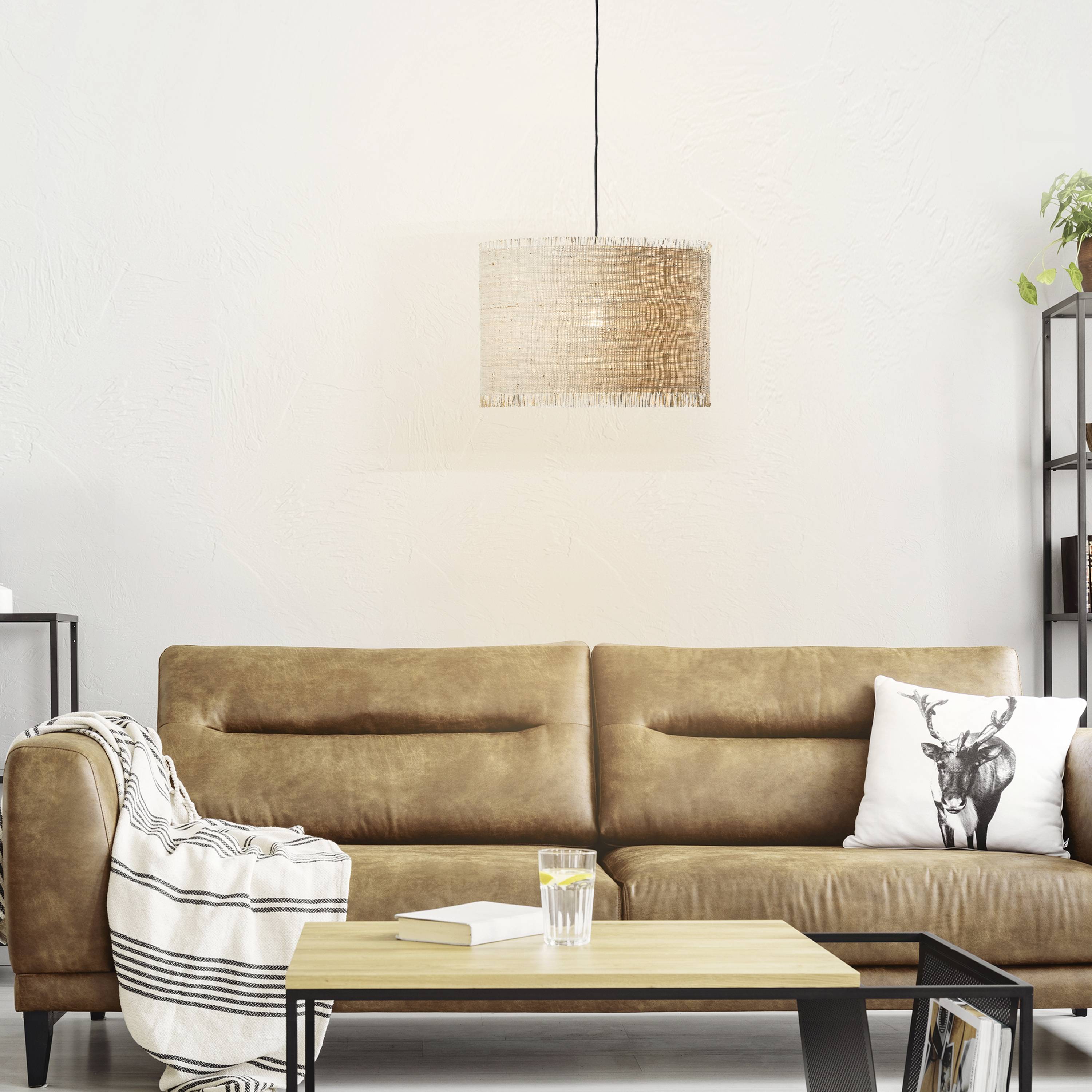 A living room with a brown leather sofa, wooden coffee table and striped throw. A pendant light illuminates the space, with plants positioned in the background.