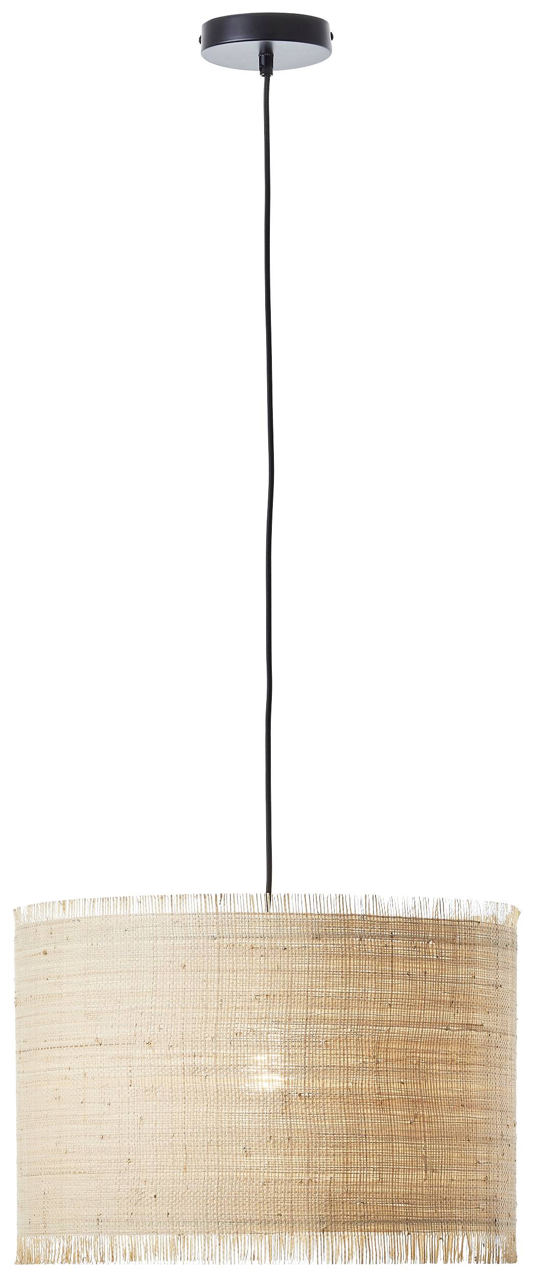 Pendant light with a round, woven, beige lampshade. Ceiling-mounted with a black cable.