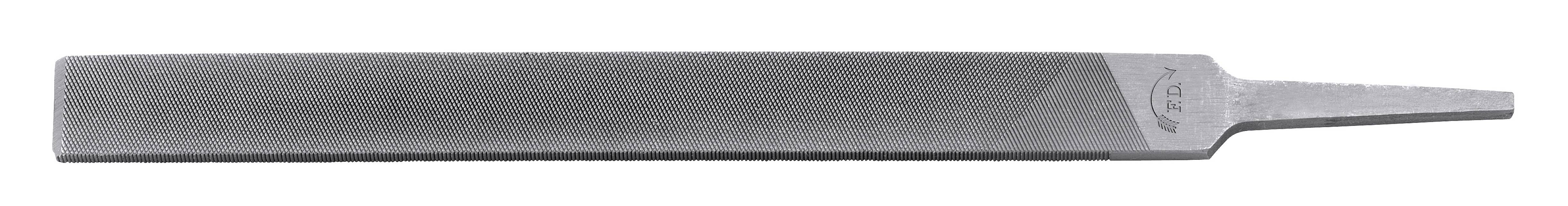 A metal file with a rectangular cross-section and rough surface. Primarily used for removing material during metalworking.