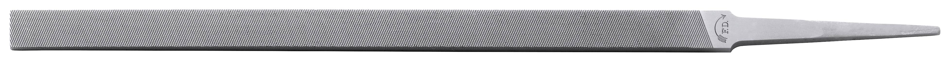 A flat, rectangular metal file with a tapered handle, used for smoothing surfaces in metalworking.