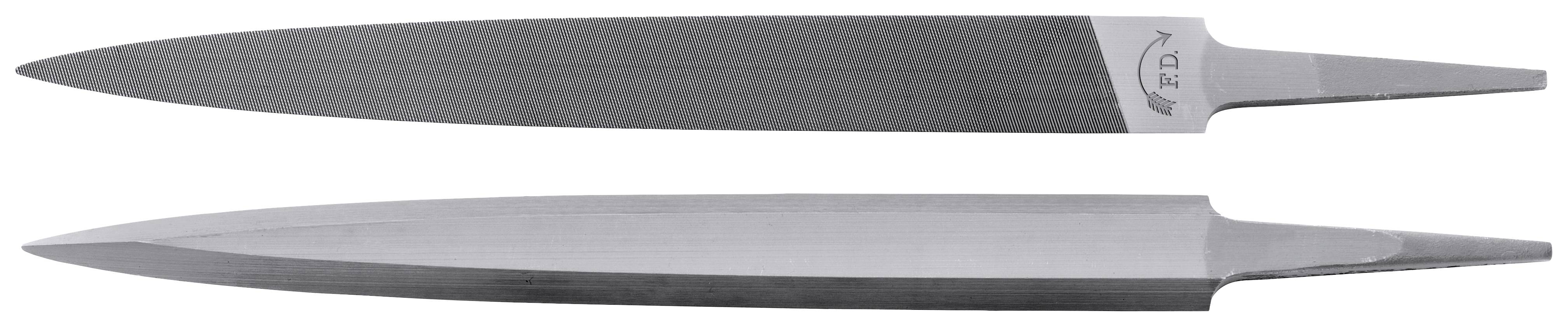 Two thin, long knives with pointed blades, made of gleaming metal. The upper knife has a small stamp with a logo.