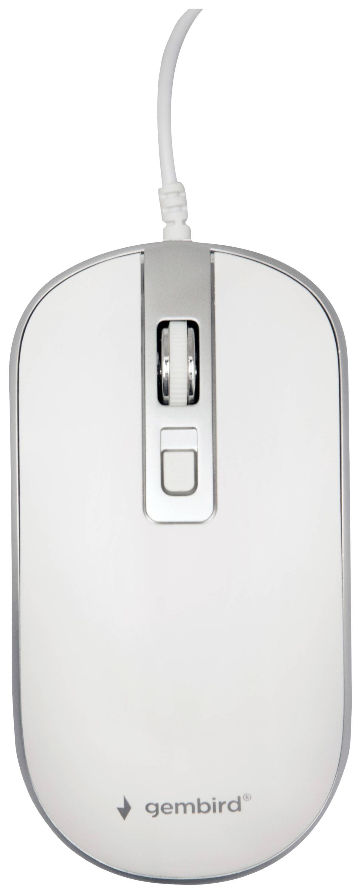 A white wired computer mouse with a scroll wheel and two buttons, with a "Gembird" logo on the bottom.