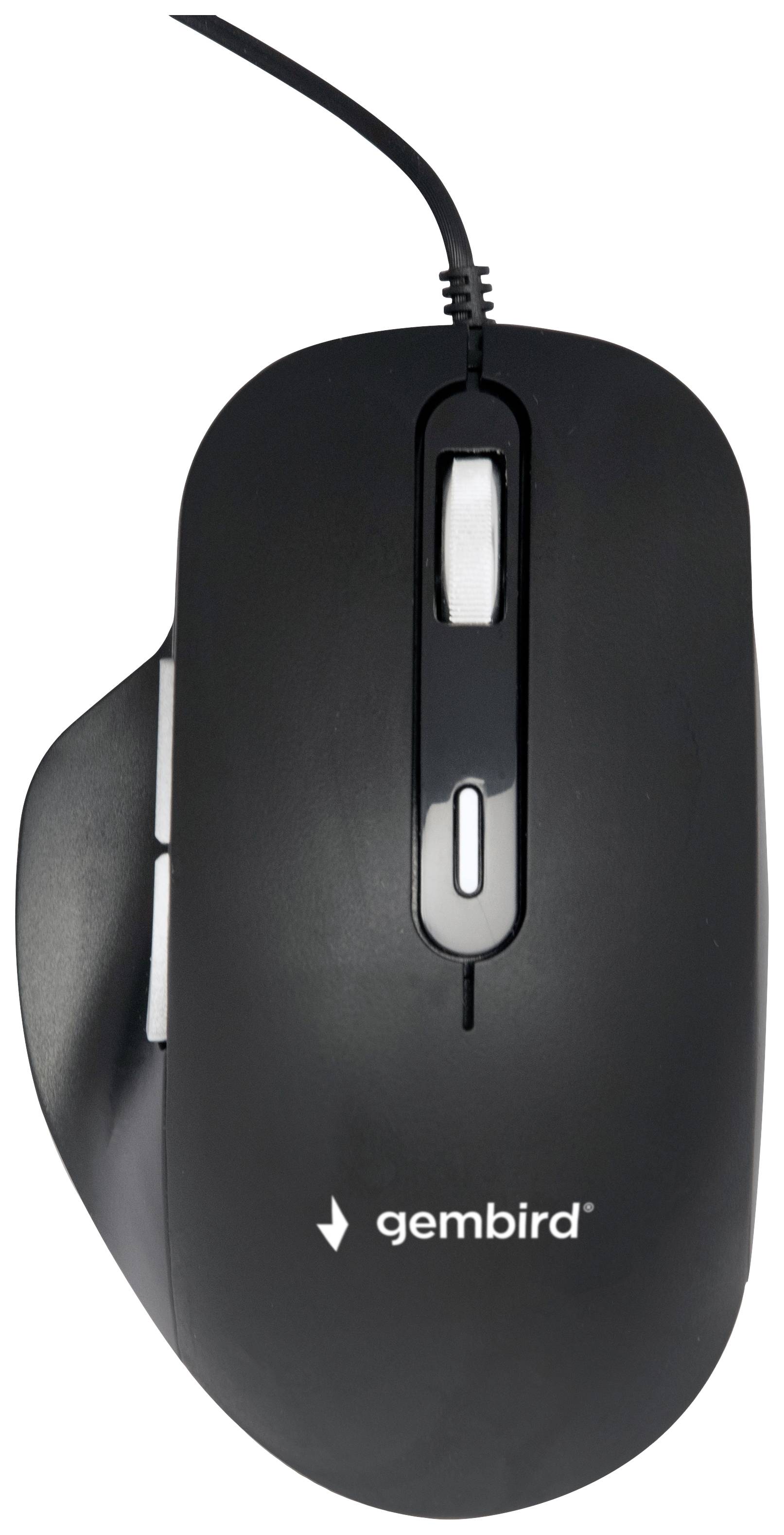 Black computer mouse viewed from above, with cable and two buttons and a scroll wheel in the centre, 'gembird' logo on the surface.