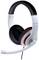 A white headset with a microphone and black ear cushions, suitable for audio calls or gaming.