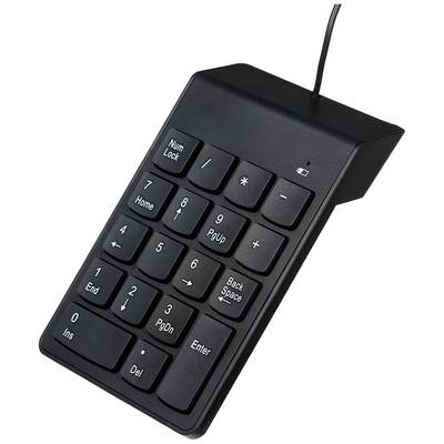 Black, wired numeric keypad with keys for numbers, arithmetic operations, and navigation such as 'Num Lock', '+', and 'Enter'. Ideal for data entry.
