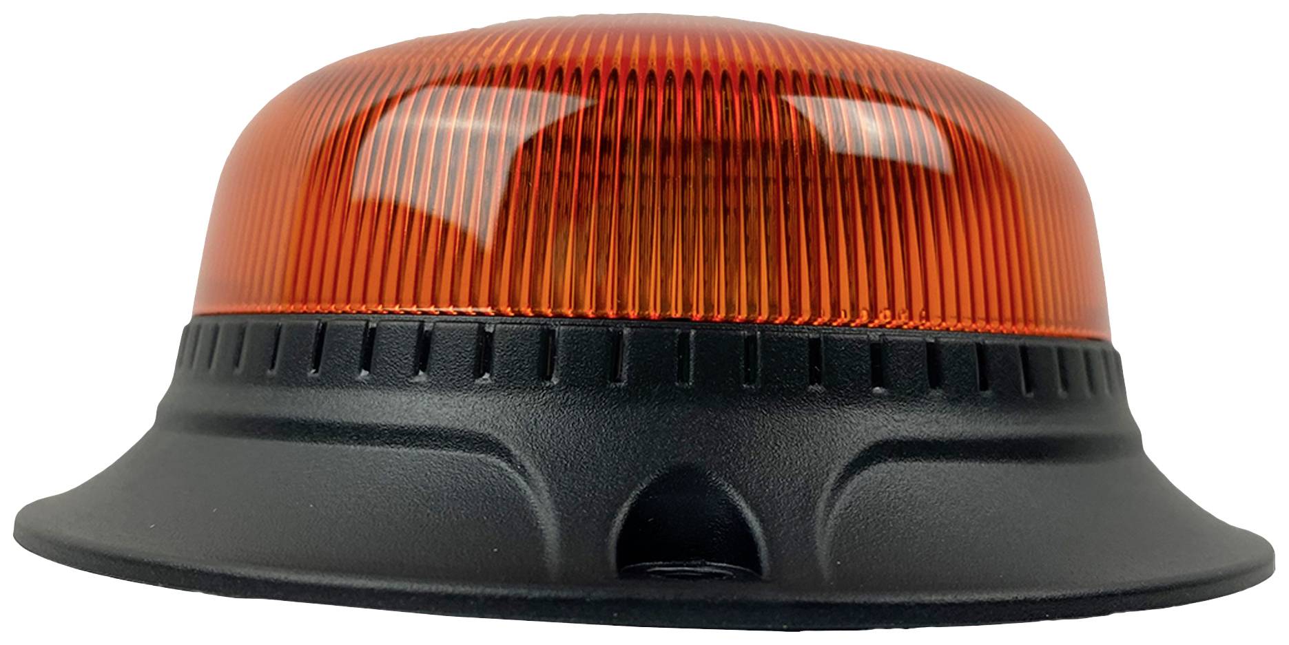 A red-orange 360-degree beacon light on a black base, commonly used on vehicles to attract attention and signal safety.