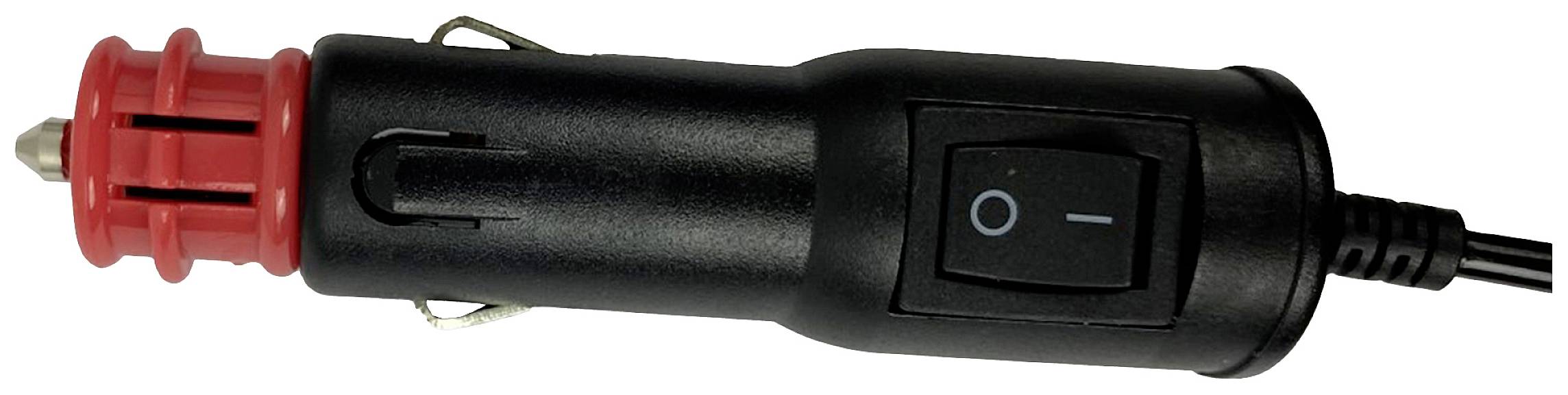Black and red car charger with an on/off switch, used for the cigarette lighter socket in a car to power devices.