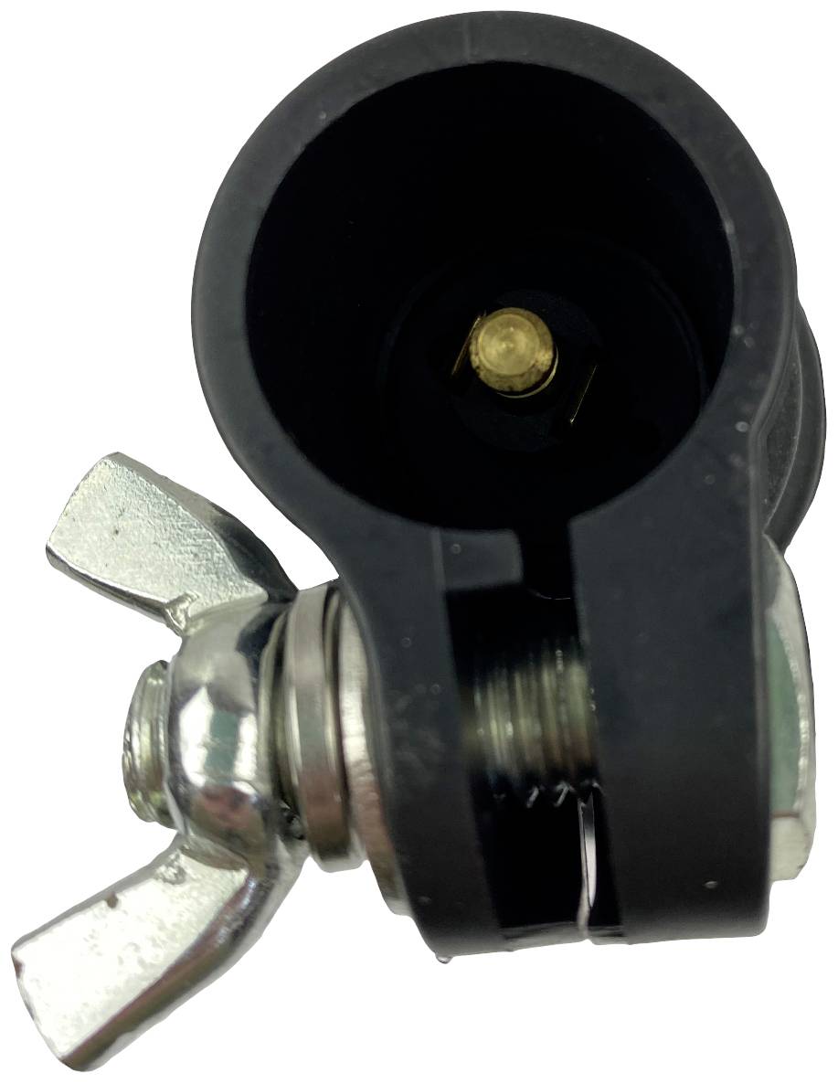 A black plastic component with a metal wing nut, possibly a fastening element for pipes or hoses.
