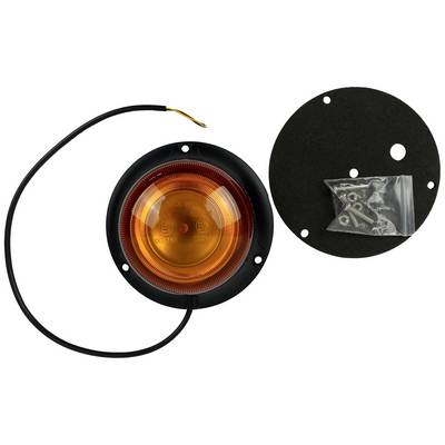 Round, orange vehicle rear light with cable, mounting plate and fixing materials beside it.