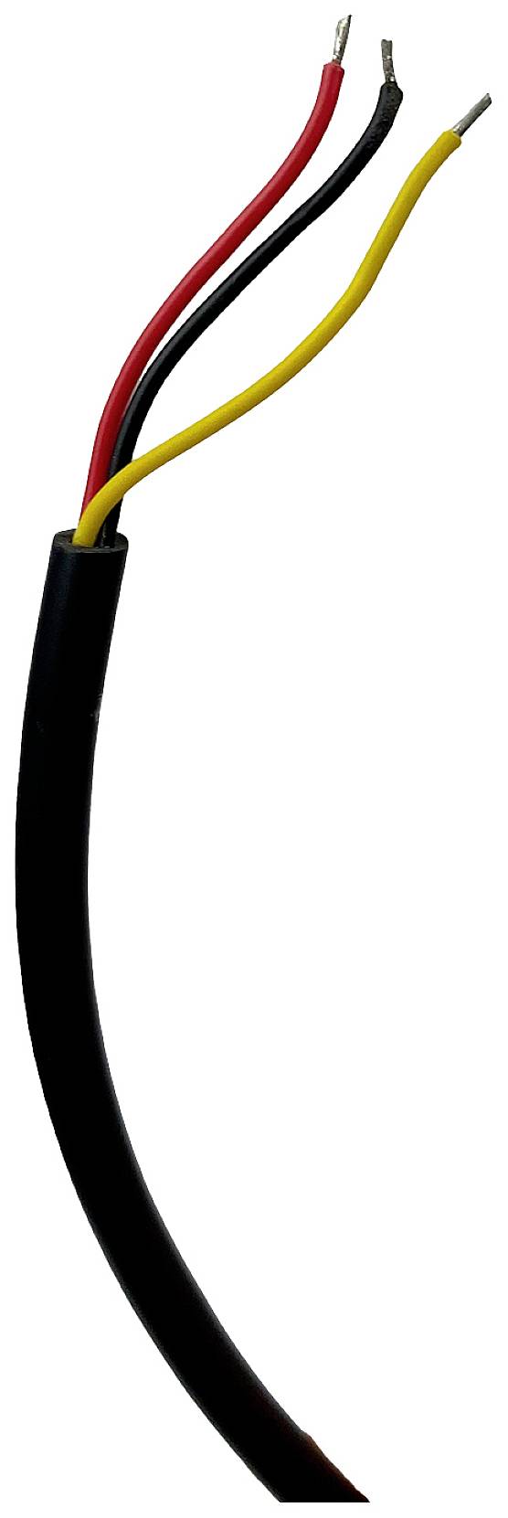 A black cable with three protruding wires in red, black and yellow, set against a white background, reveals the cable's internal cores.