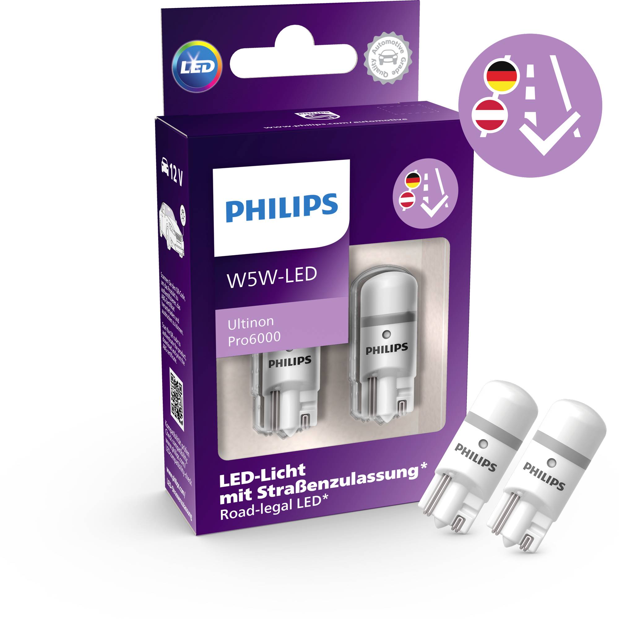 Packaging for Philips W5W LED lamps, showing two white, energy-efficient lights with road approval, suitable for cars.