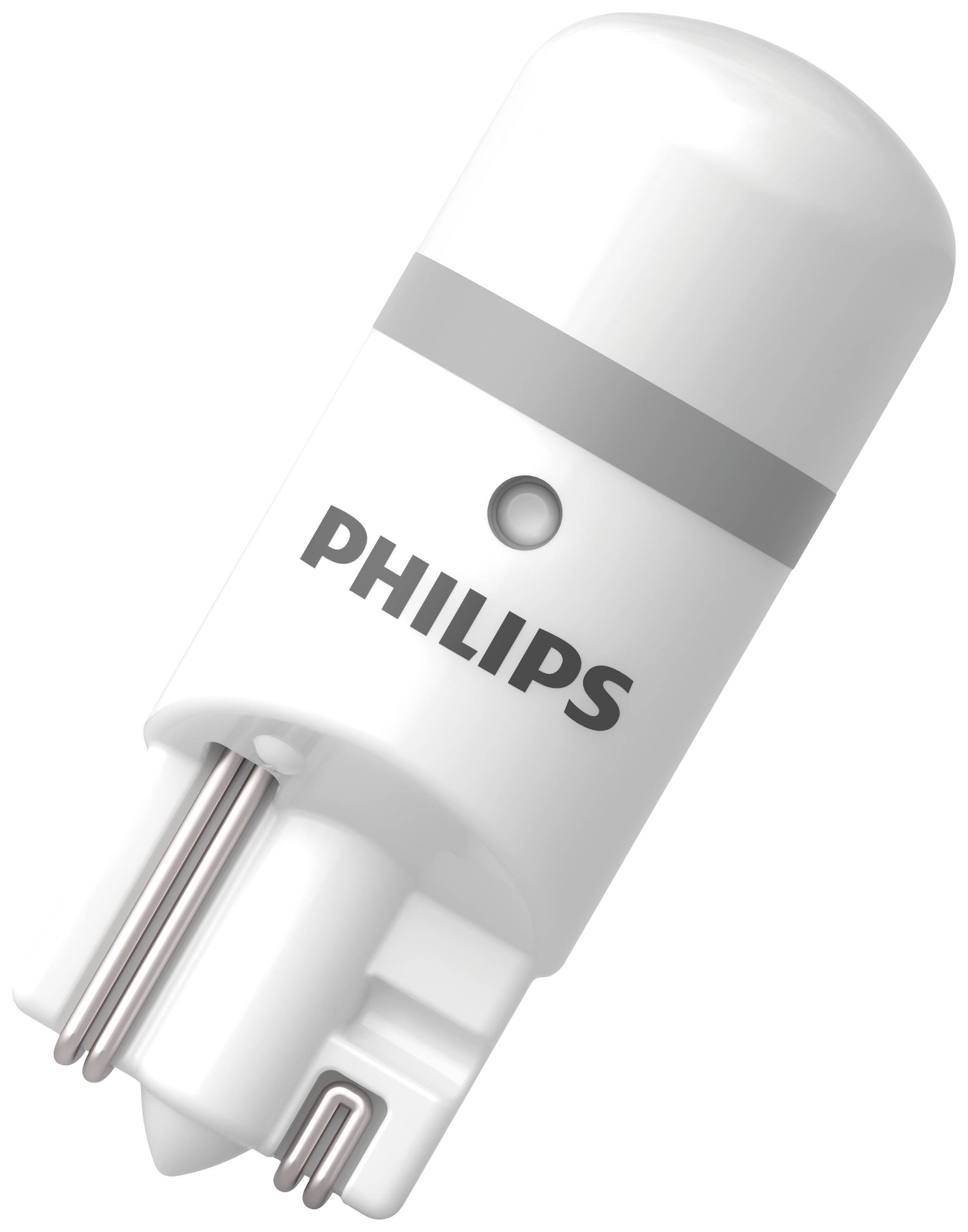 White Philips LED lamp with metallic contacts at the base. Suitable for use in vehicles as a lighting element.